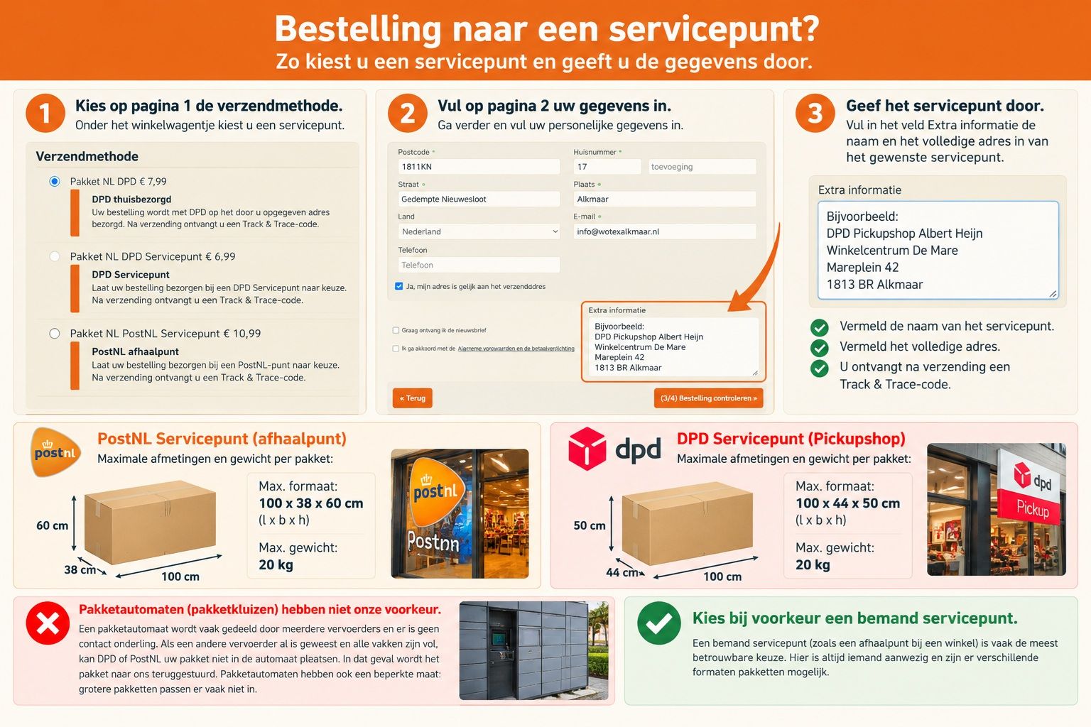 Servicepunt doorgeven in het veld Extra informatie tijdens het bestellen bij Wotex